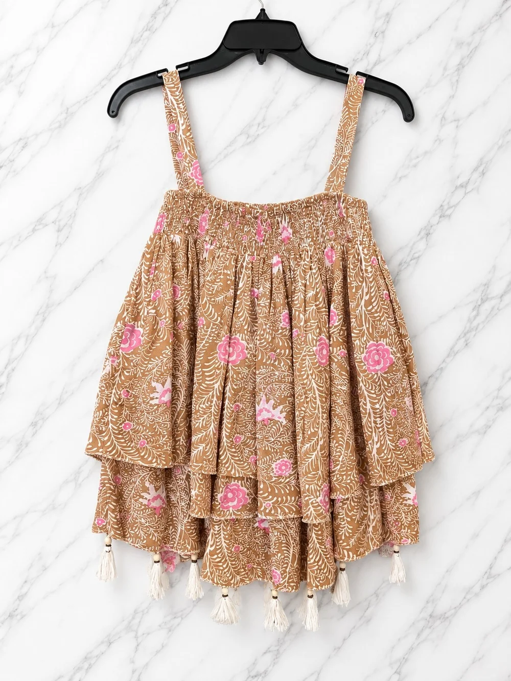 Talisman Pink Floral Tiered Top Brown & Pink Floral Fringe Decor